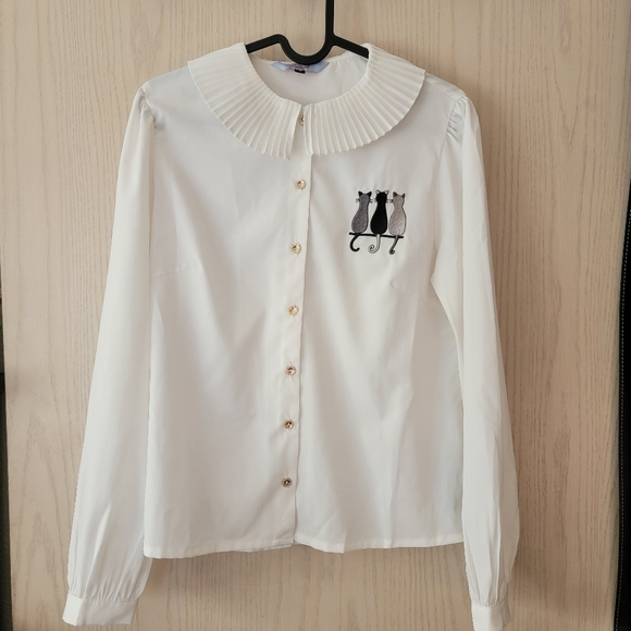 Banned Retro Cat Pleated Neck Blouse Sz S - Picture 7 of 7